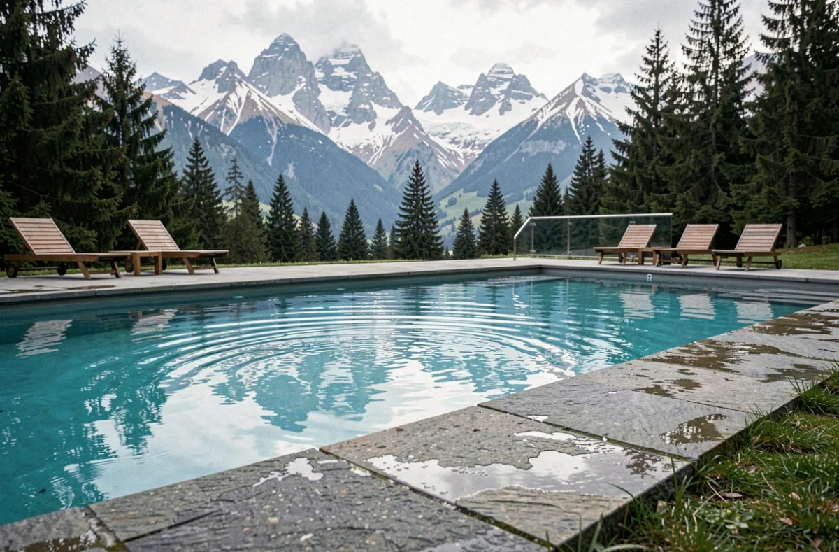 Piscine extérieure de luxe avec vue sur les Alpes en Haute-Savoie, eau turquoise et terrasse en pierre naturelle