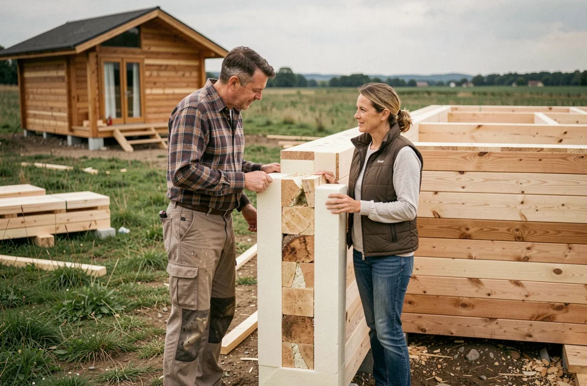 Deux propriétaires inspectant les détails de construction d'un panneau de chalet en bois préfabriqué livré monté sur un terrain rural