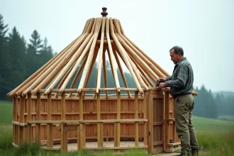Artisan assemblant la structure en bois d'une yourte traditionnelle dans une prairie verdoyante, charpente en lattis courbés visible en construction