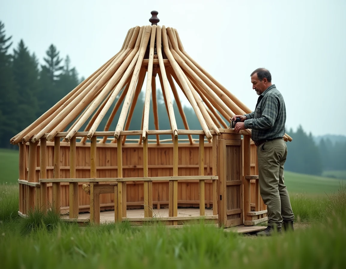 Artisan assemblant la structure en bois d'une yourte traditionnelle dans une prairie verdoyante, charpente en lattis courbés visible en construction