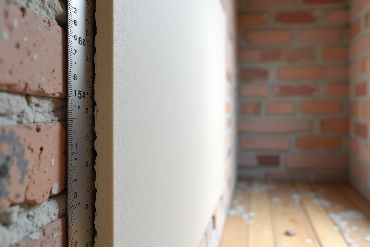 Coupe transversale d'un panneau de placo isolant montrant l'épaisseur de la mousse et du plâtre