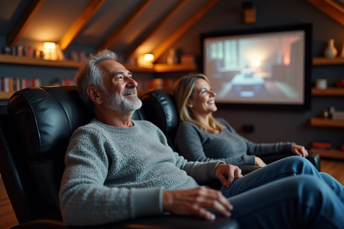 Couple regardant un film dans une salle de cinéma privée aménagée sous les combles d'une maison de rêve