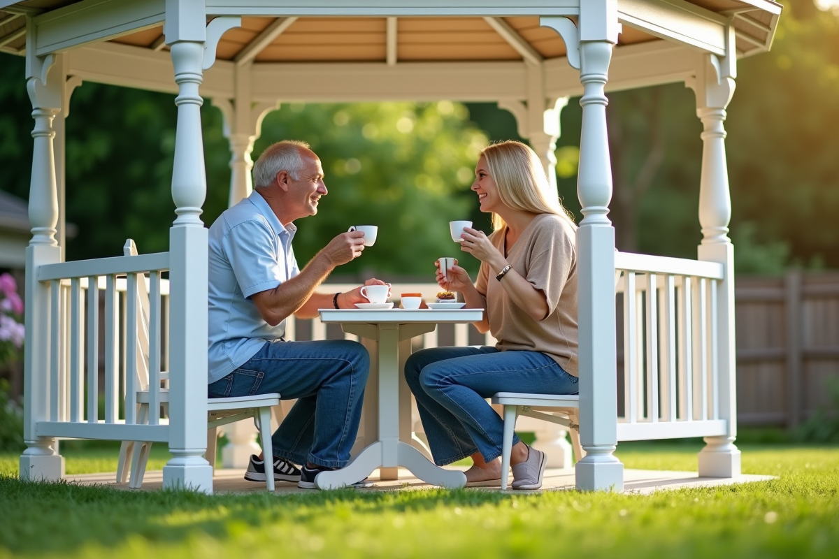 Couple dans un jardin avec gazebo en printemps