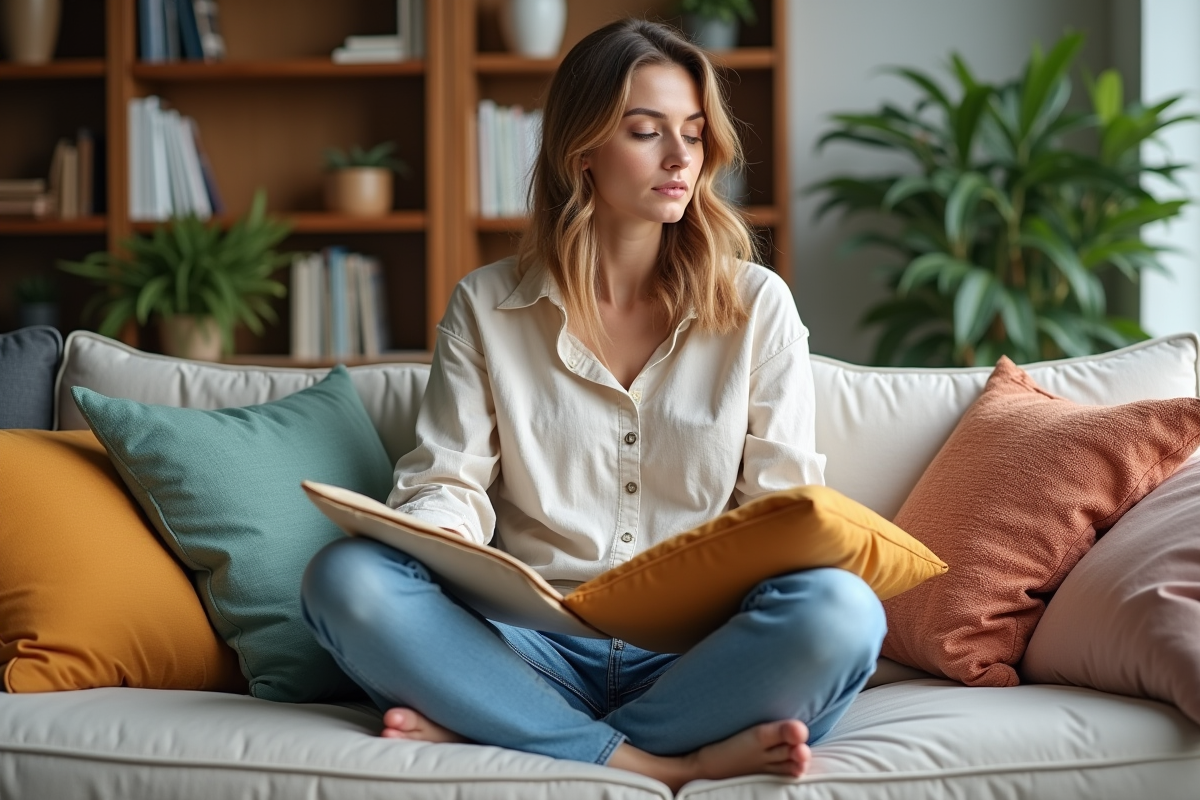 Femme dans son salon arrangeant des coussins colorés et texturés