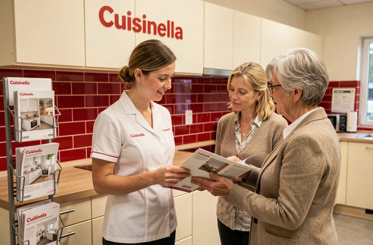 Showroom Cuisinella Strasbourg avec cuisine crème et crédence rouge, conseillère en uniforme et cliente examinant une brochure de planification