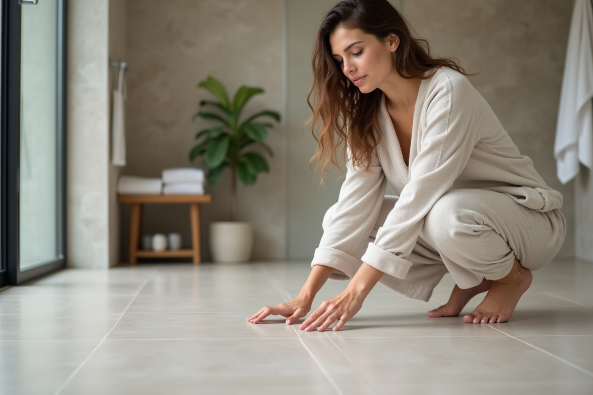 Femme dans la salle de bain avec carrelage en porcelaine