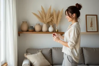 Femme arrangeant une étagère décorée avec des vases céramiques et herbes de la pampa dans un appartement moderne au budget maîtrisé