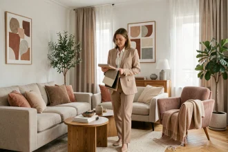 Décoratrice d'intérieur professionnelle à Lille inspectant un salon rénové et mis en scène pour la revente immobilière