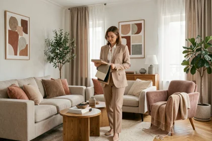 Décoratrice d'intérieur professionnelle à Lille inspectant un salon rénové et mis en scène pour la revente immobilière