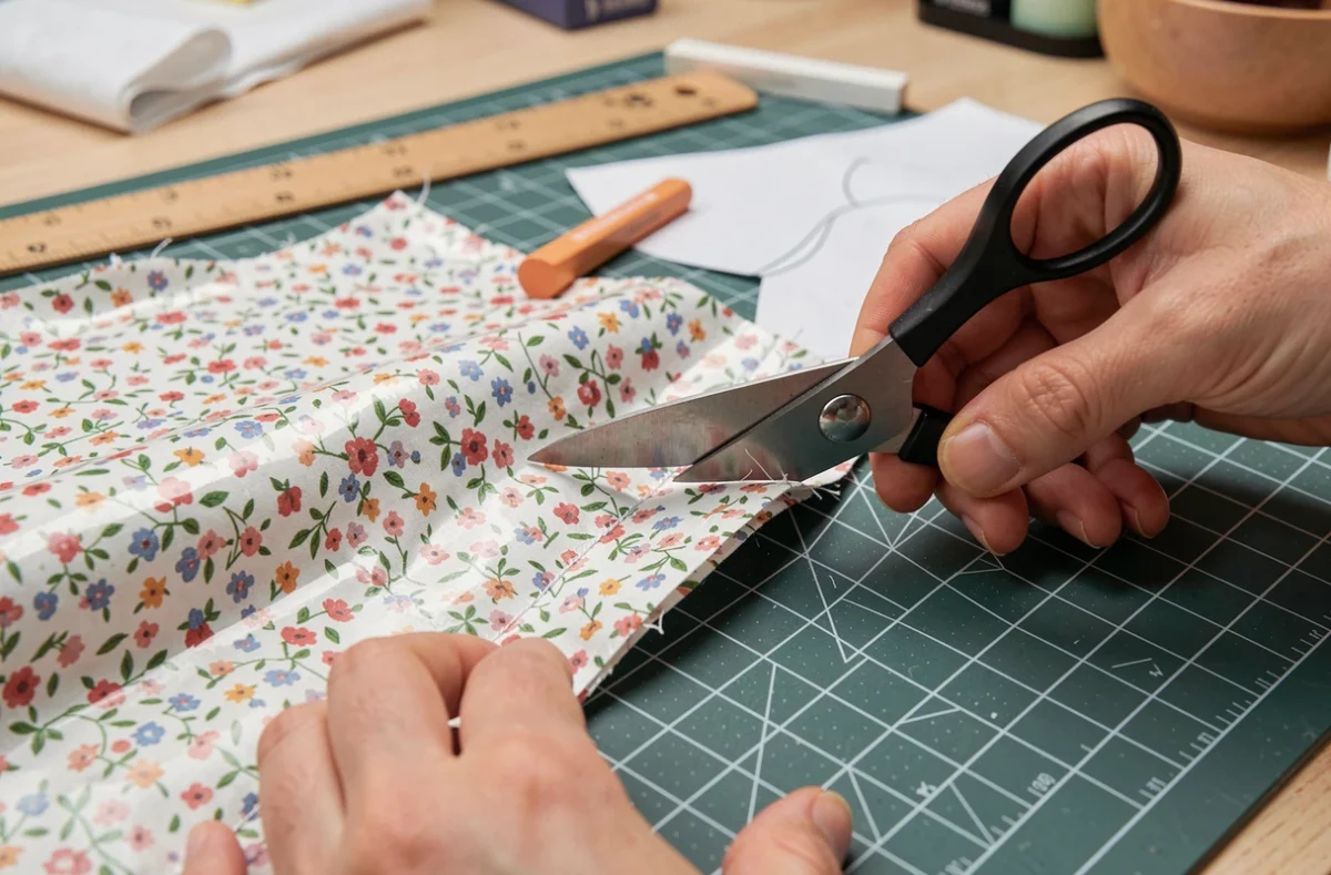 Mains féminines découpant un tissu coton enduit fleuri avec des ciseaux de couturière sur un tapis de découpe