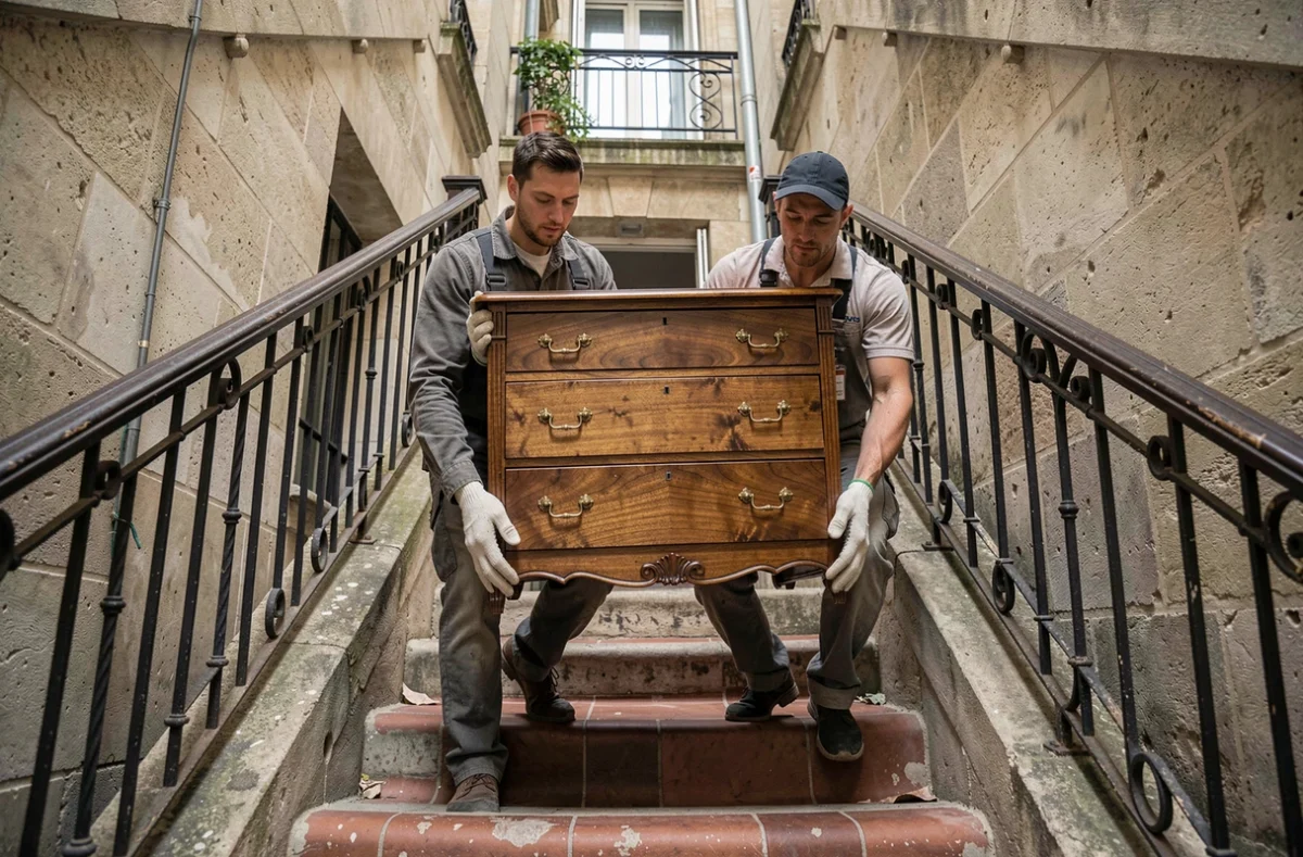 Déménageurs transportant une commode ancienne en bois dans un escalier d'appartement haussmannien lors d'un débarras