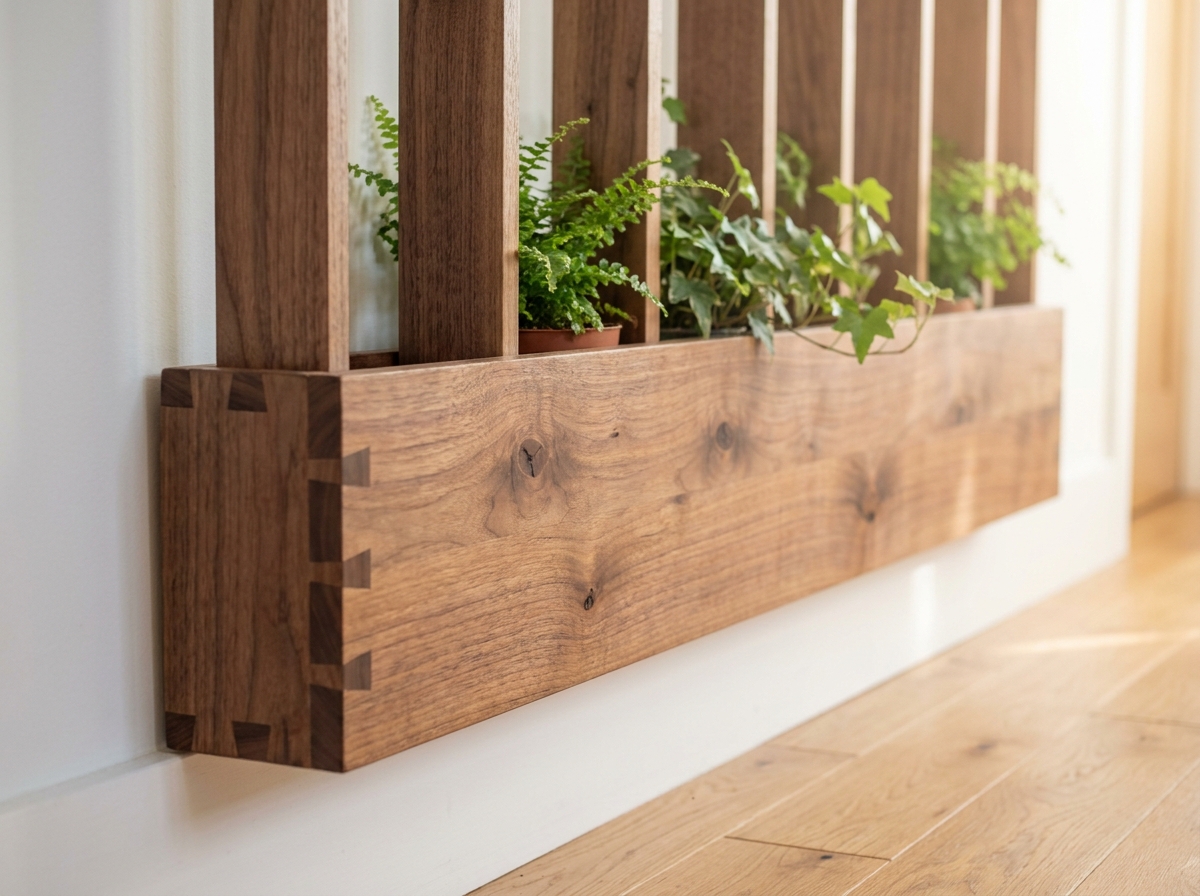 Détail de fabrication d'un claustra en bois noyer avec assemblage de lattes et plantes en arrière-plan