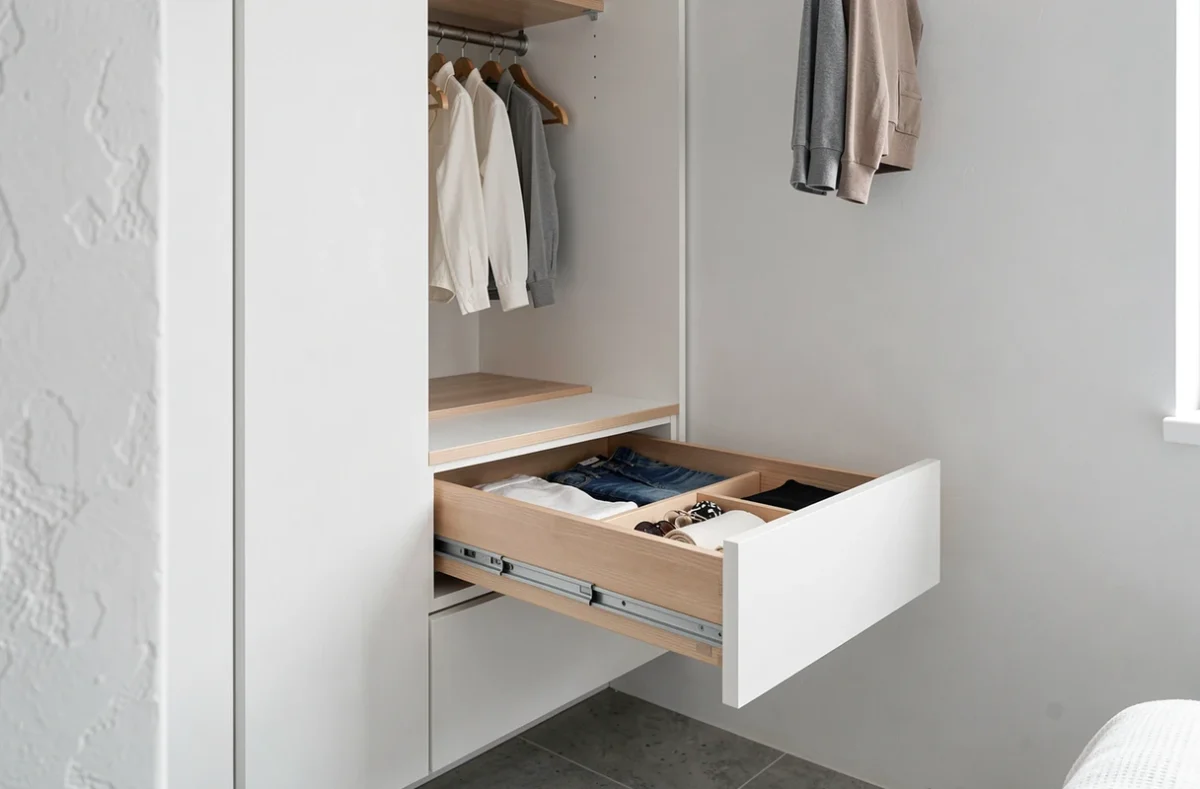 Détail d'un dressing d'angle modulable avec tringle double, étagères sur mesure et tiroir entrouvert révélant des accessoires organisés