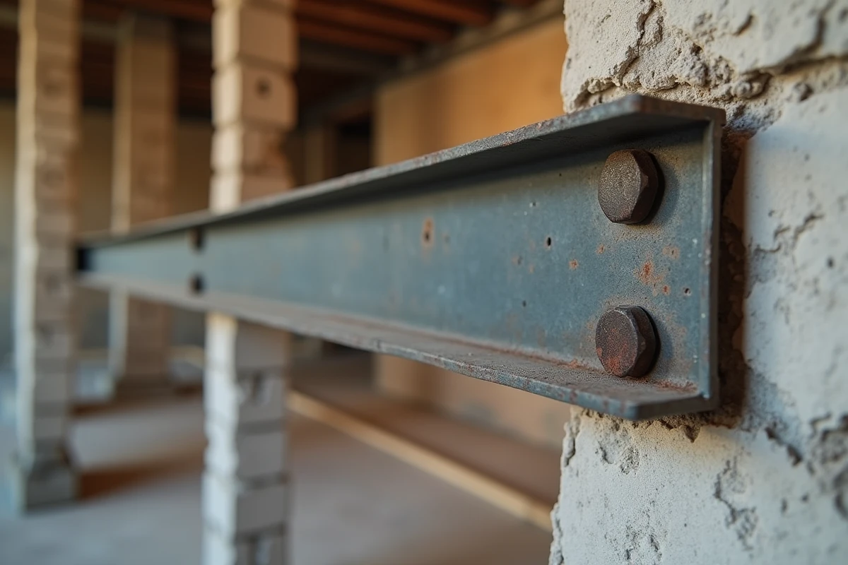 Détail d'une poutre en acier IPN avec platine boulonnée dans un appartement en cours de rénovation