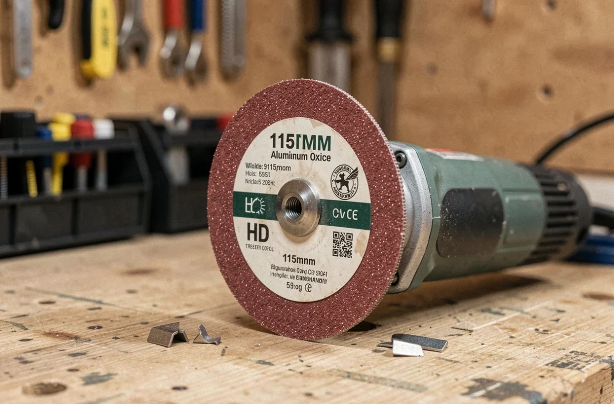 Disque 115 mm en oxyde d'aluminium pour petite meuleuse posé sur une meuleuse d'angle sur un établi