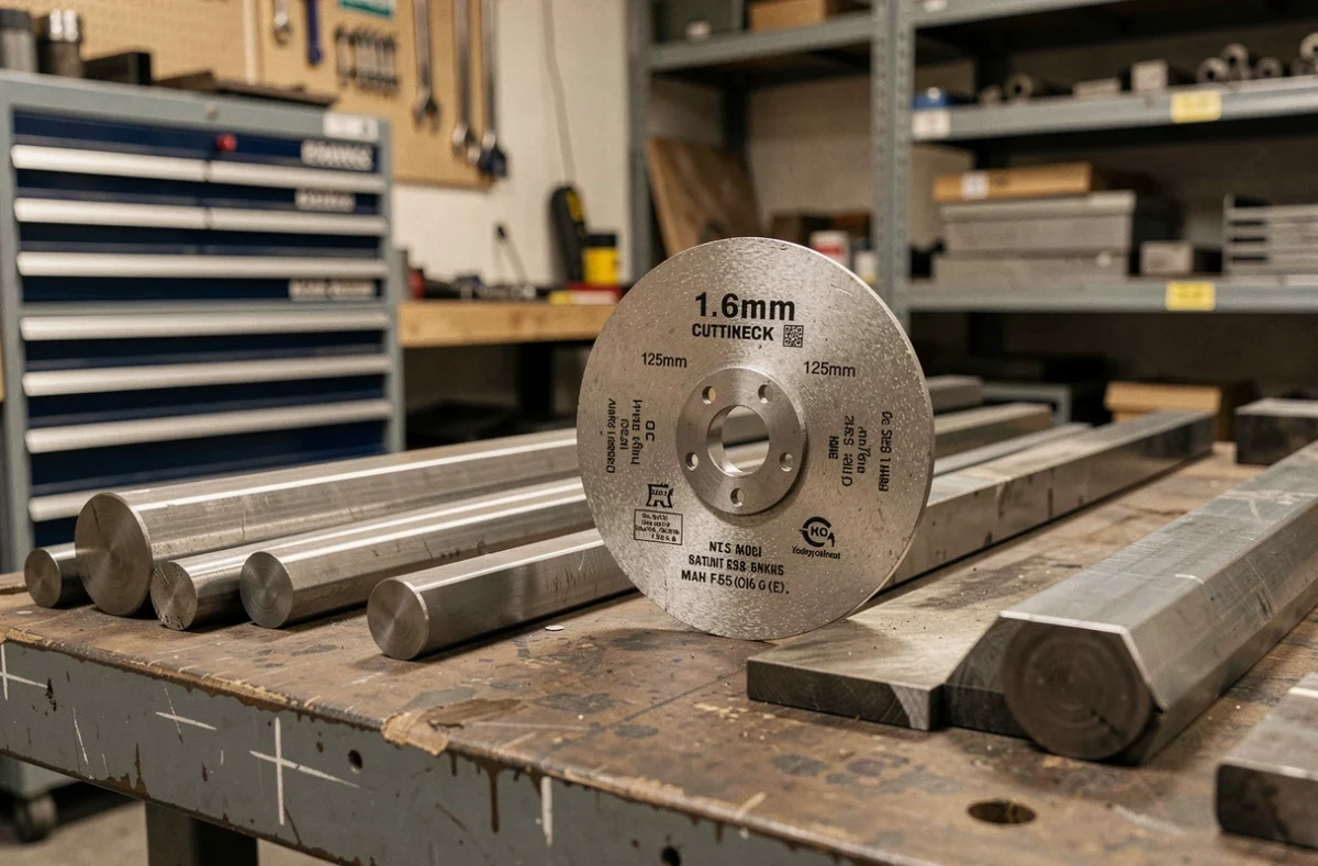 Disque 1,6 mm 125 mm polyvalent atelier posé sur un établi entouré de pièces métalliques variées