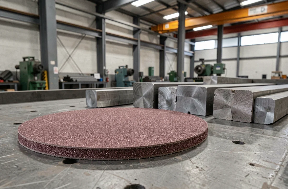 Disque 3,0 mm 230 mm pour ébauche posé sur un grand établi industriel avec des billettes d'acier autour