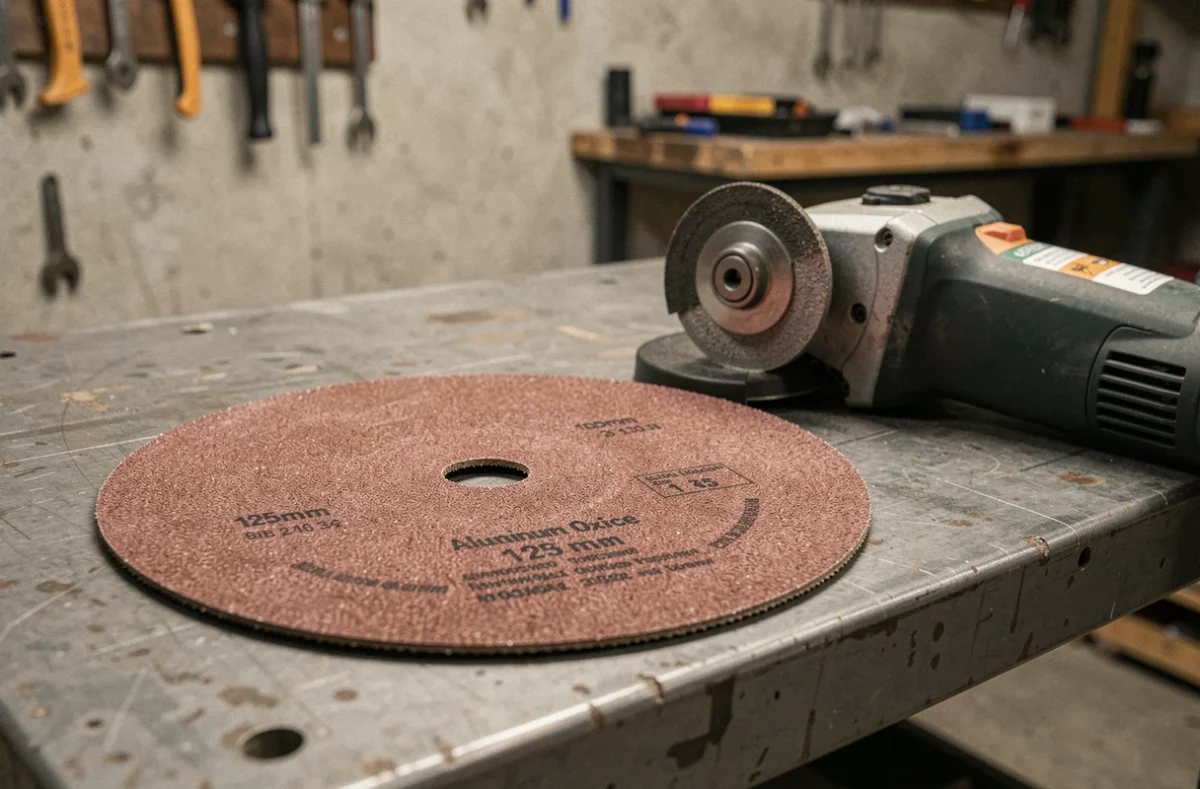 Disque abrasif en oxyde d'aluminium 125 mm pour usage courant posé sur un établi avec une meuleuse d'angle
