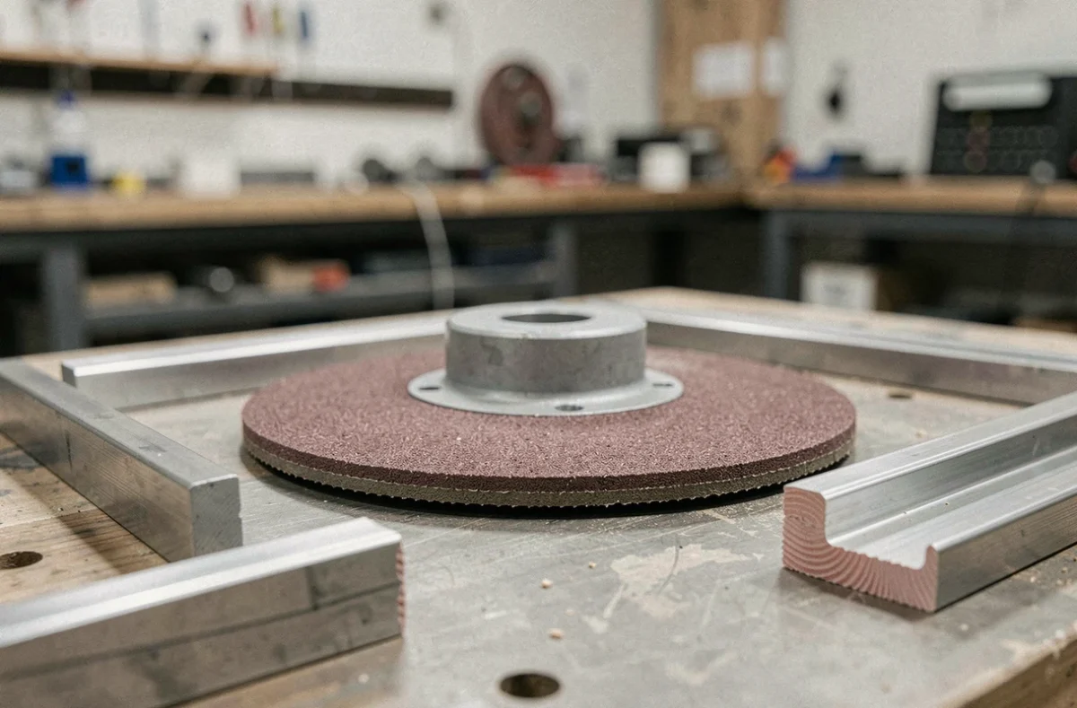 Disque à tronçonner avec centre déporté pour meulage et coupe posé sur un établi avec des profilés métalliques