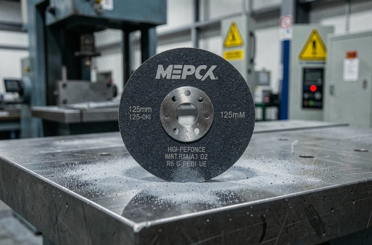 Disque céramique 125 mm pour usage industriel extrême posé sur un établi en acier dans une usine