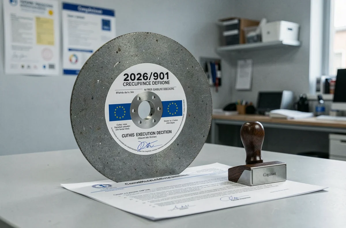Disque à tronçonner conforme à la décision d'exécution UE 2026/901 avec étiquette de certification visible sur un établi