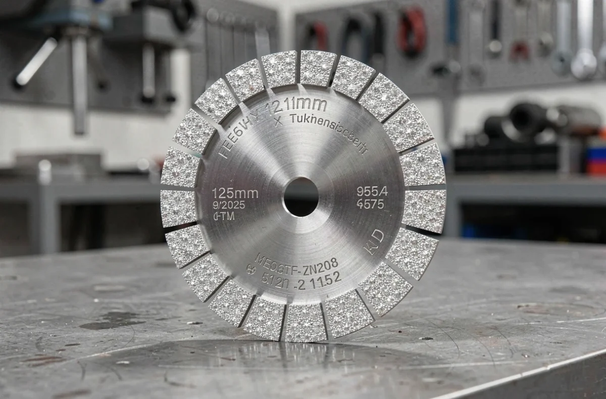 Disque diamanté métal 125 mm avec segments diamantés visible sur un établi de workshop professionnel
