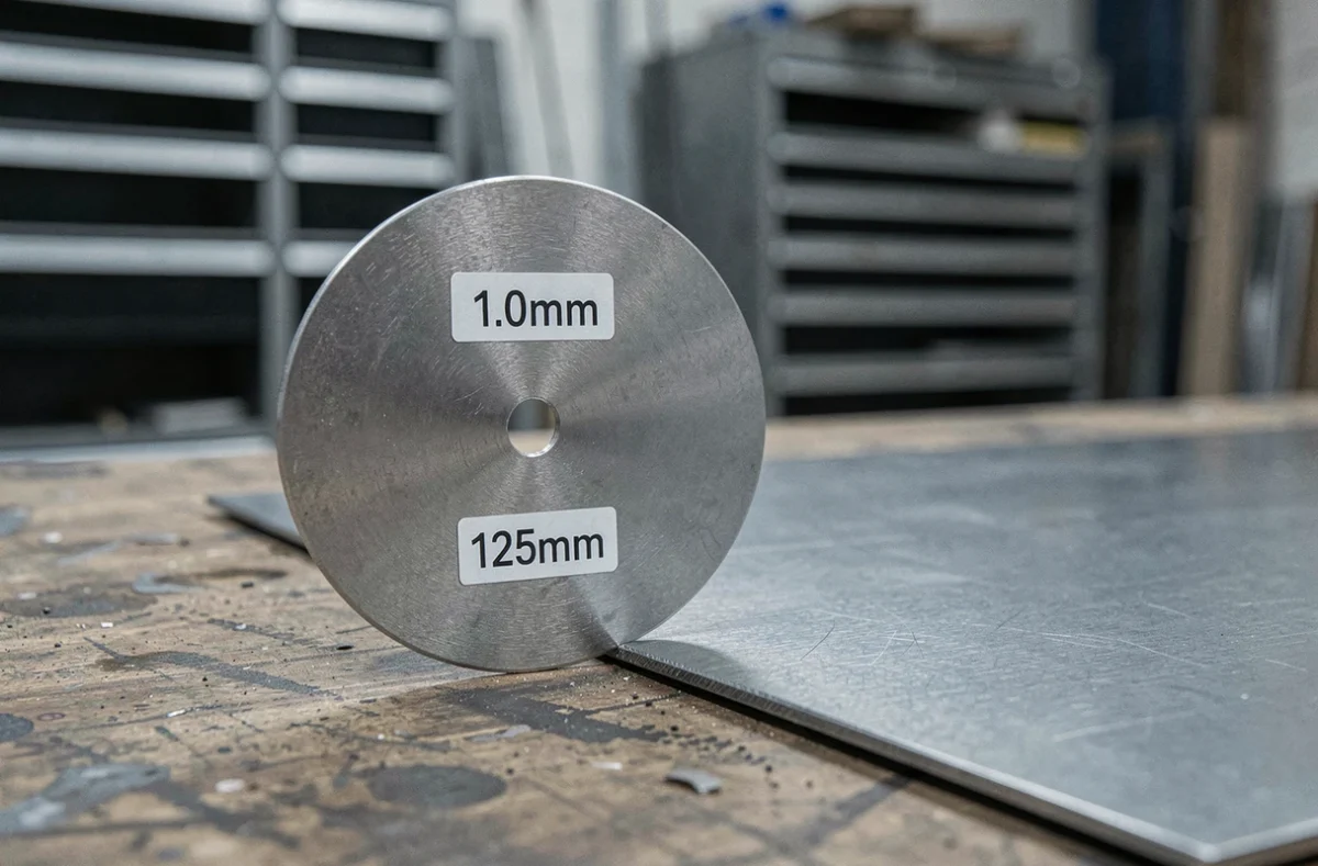 Disque fin 1,0 mm 125 mm pour tôles fines posé à côté d'une tôle découpée sur un établi d'atelier