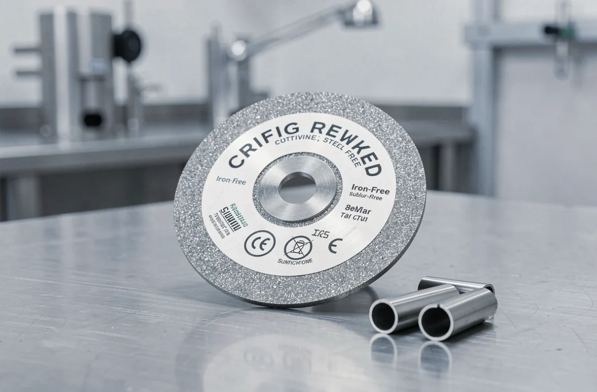 Disque inox certifié sans fer et sans soufre posé sur une surface en acier inoxydable avec des chutes d'inox