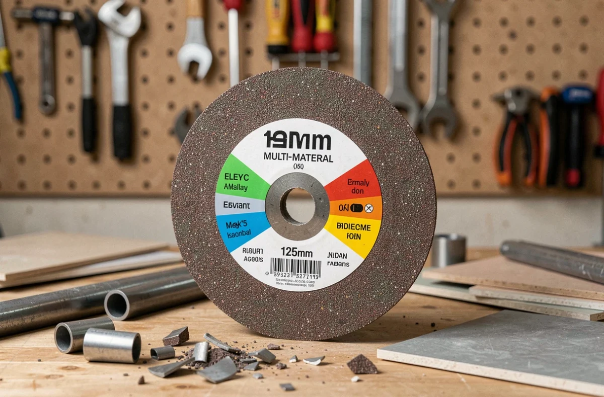 Disque multi-matériaux 125 mm posé sur un établi avec des fragments de métal et de carrelage autour