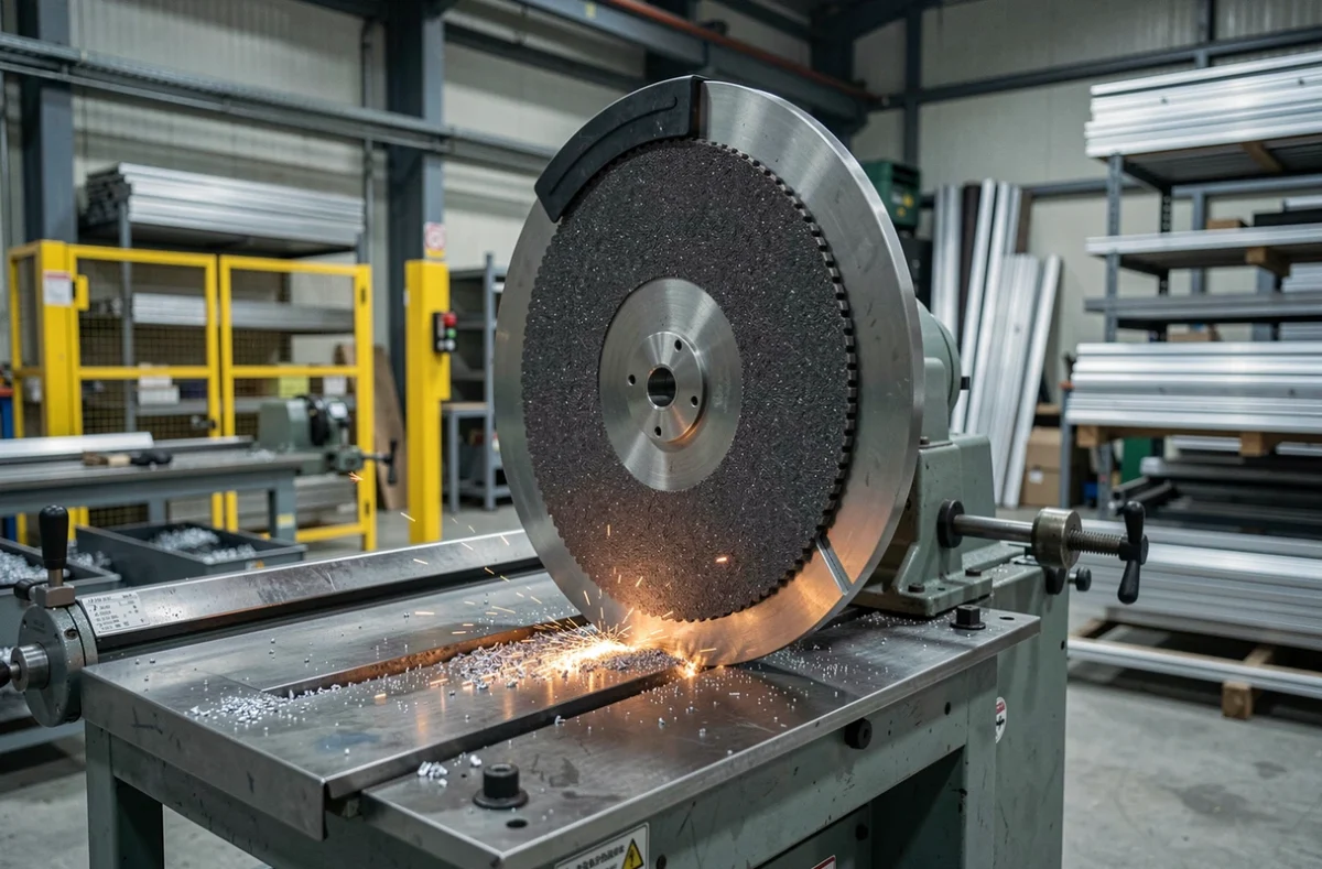 Disque 350 mm pour tronçonneuse à métaux stationnaire monté sur une machine industrielle en atelier