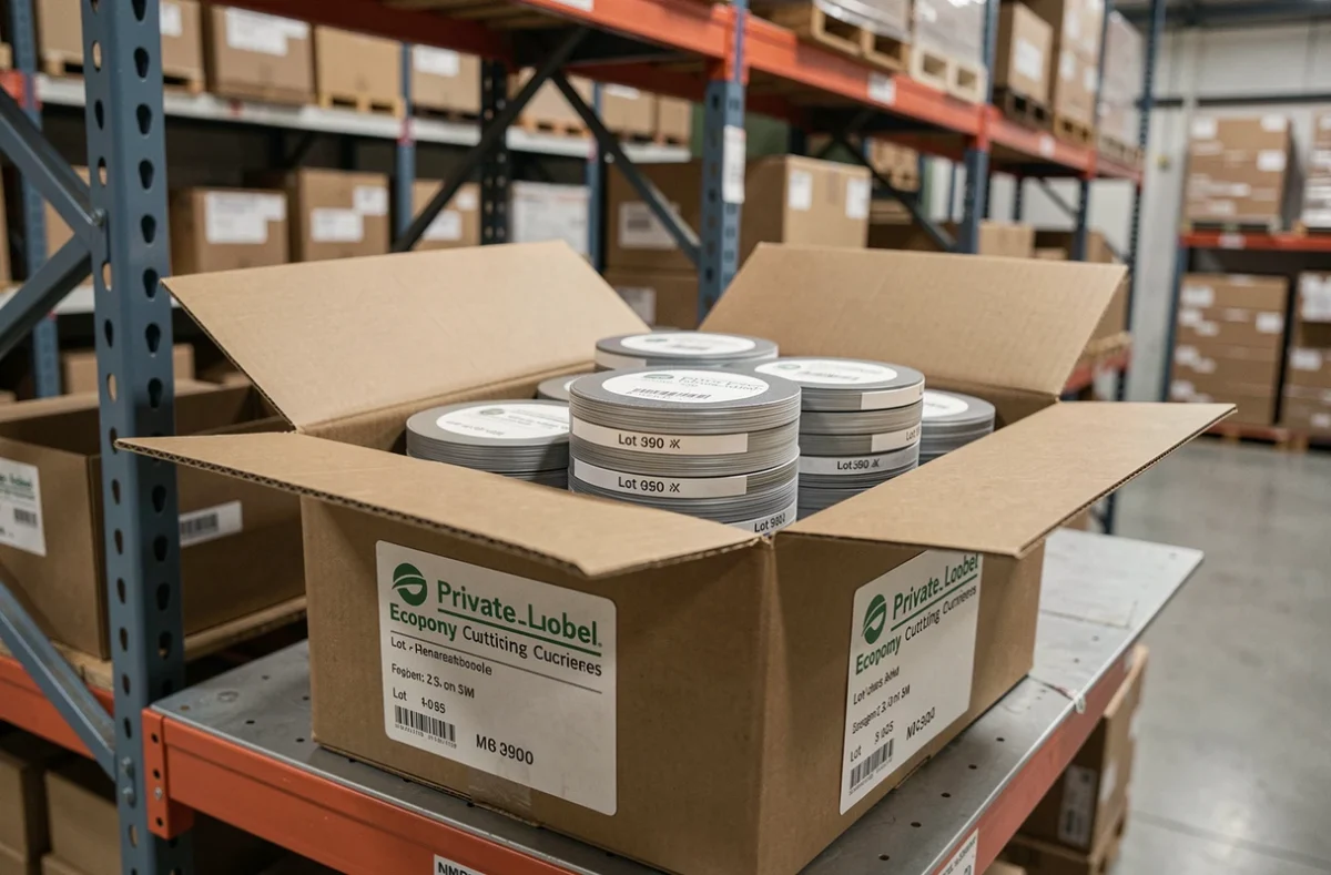 Lot économique de disques à tronçonner de marque distributeur GSB dans un carton ouvert sur une étagère d'entrepôt