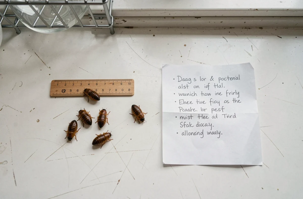 Vue aérienne de pupes de mouche posées sur un plan de travail blanc avec une règle et des notes manuscrites pour identification d'infestation