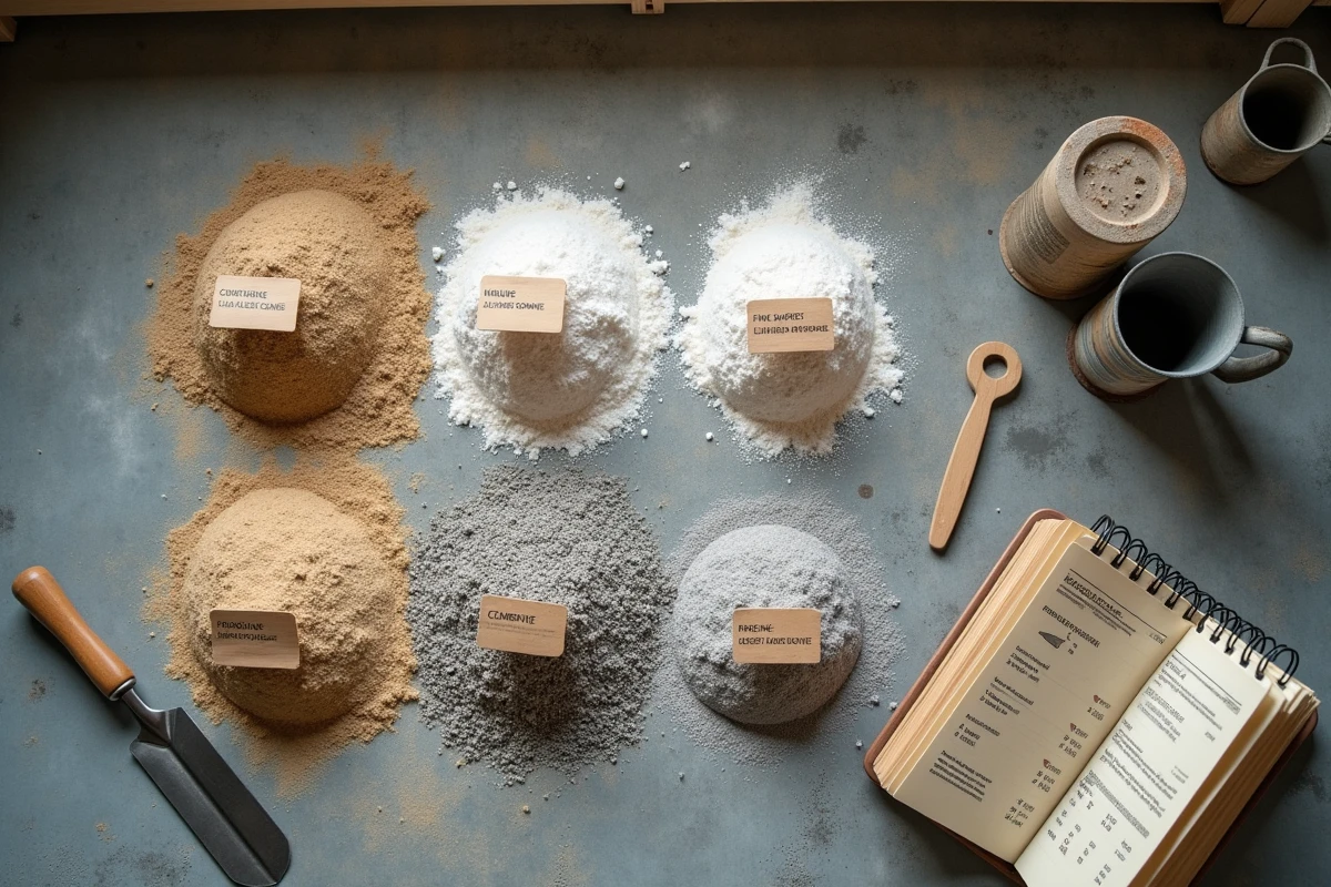 Vue en plongée des matériaux pour dosage mortier chaux sable avec fiches de référence sur sol atelier
