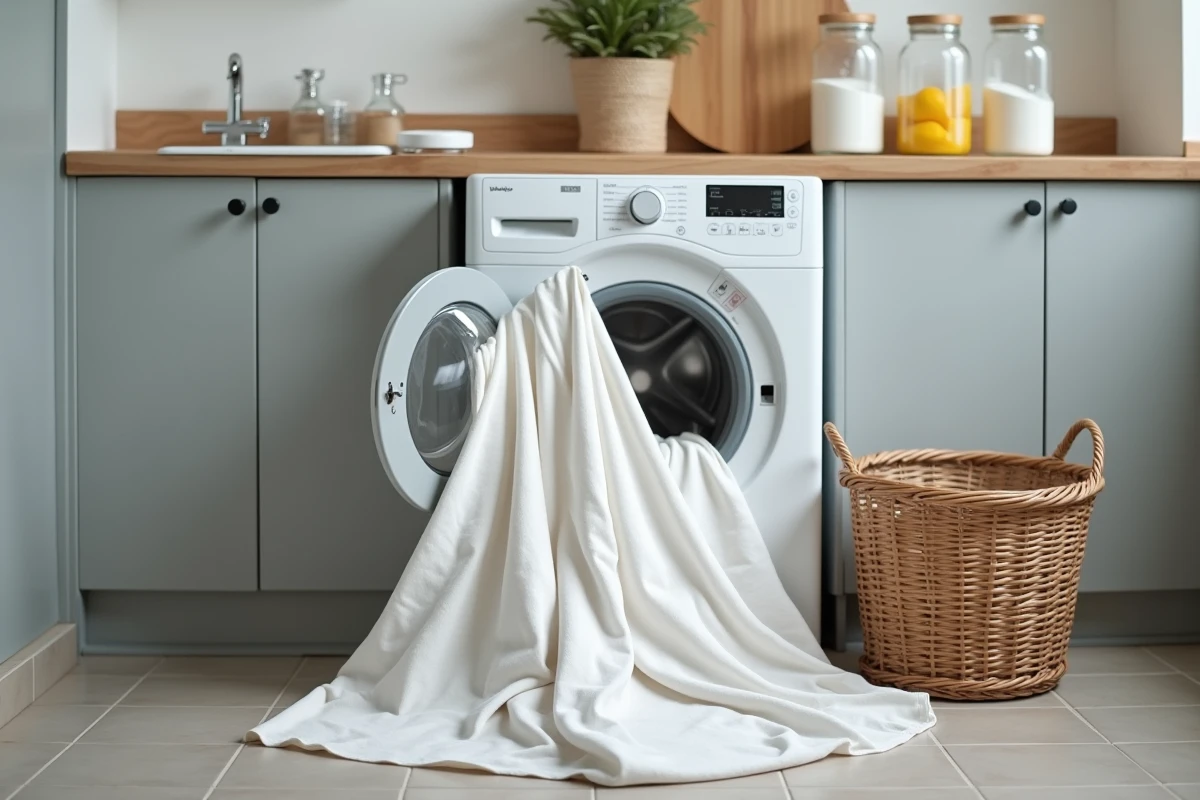 Draps de lit blancs grisés sortis du lave-linge avec des produits naturels comme le vinaigre et le percarbonate de soude