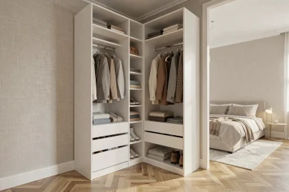 Dressing modulable en angle aménagé dans un mur perdu d'un appartement haussmannien, avec étagères ouvertes, penderies et tiroirs en bois laqué blanc mat