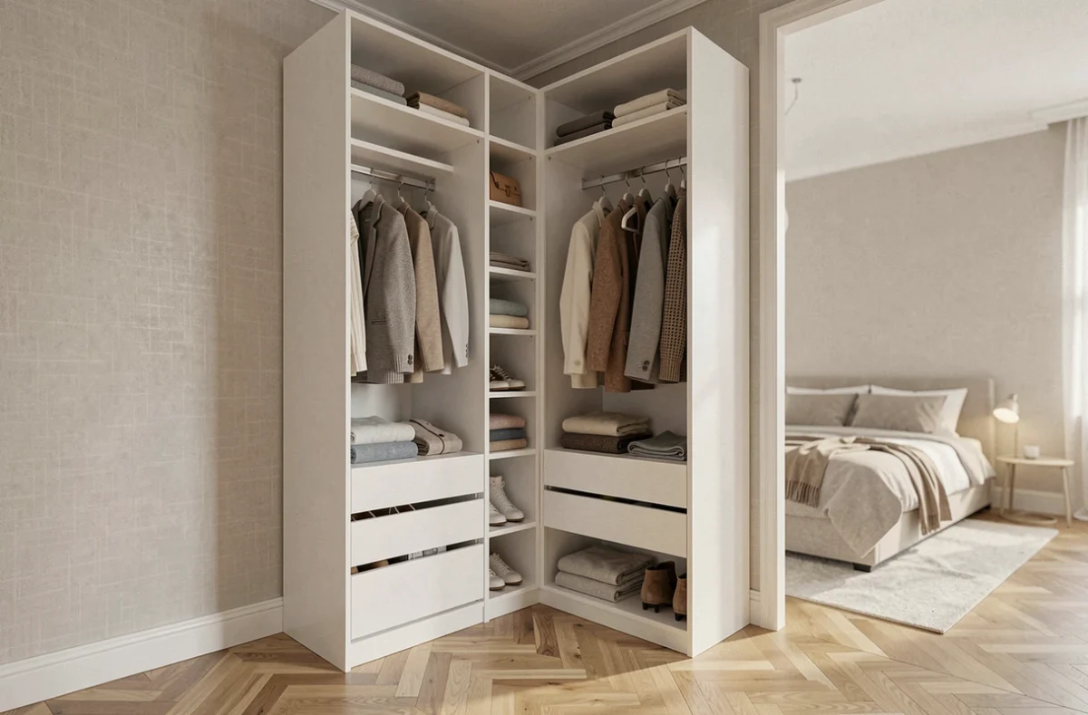 Dressing modulable en angle aménagé dans un mur perdu d'un appartement haussmannien, avec étagères ouvertes, penderies et tiroirs en bois laqué blanc mat