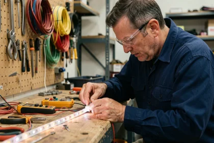 Électricien connectant un interrupteur poussoir à un strip LED sur un établi d'atelier professionnel