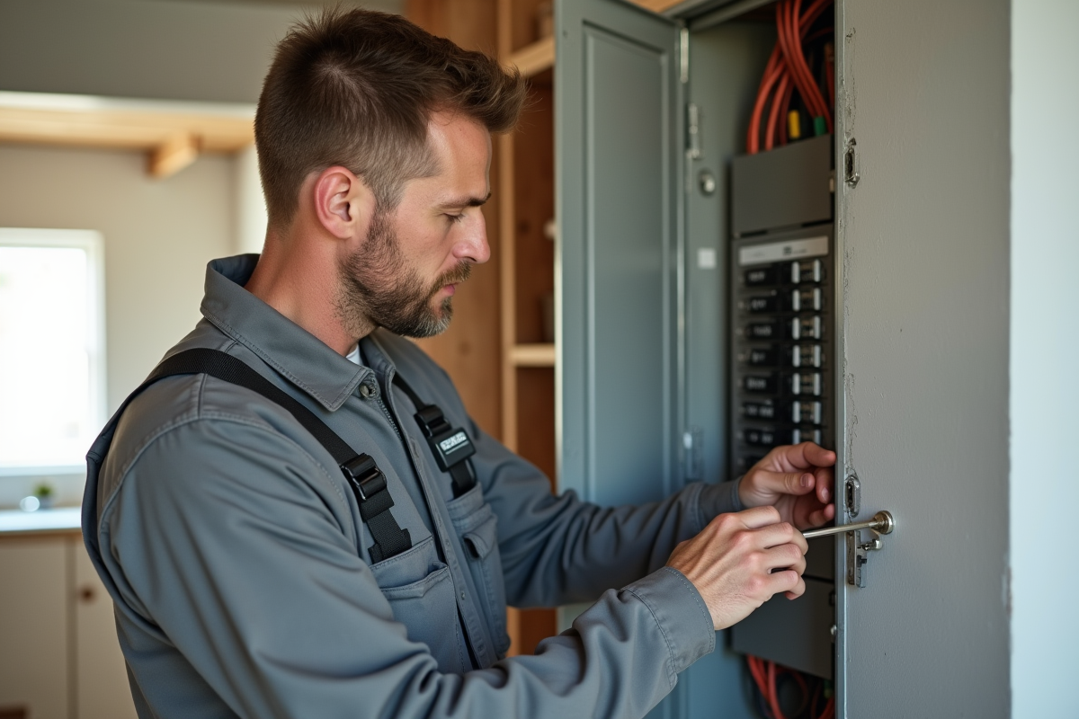 Électricien inspectant un tableau électrique dans une maison moderne