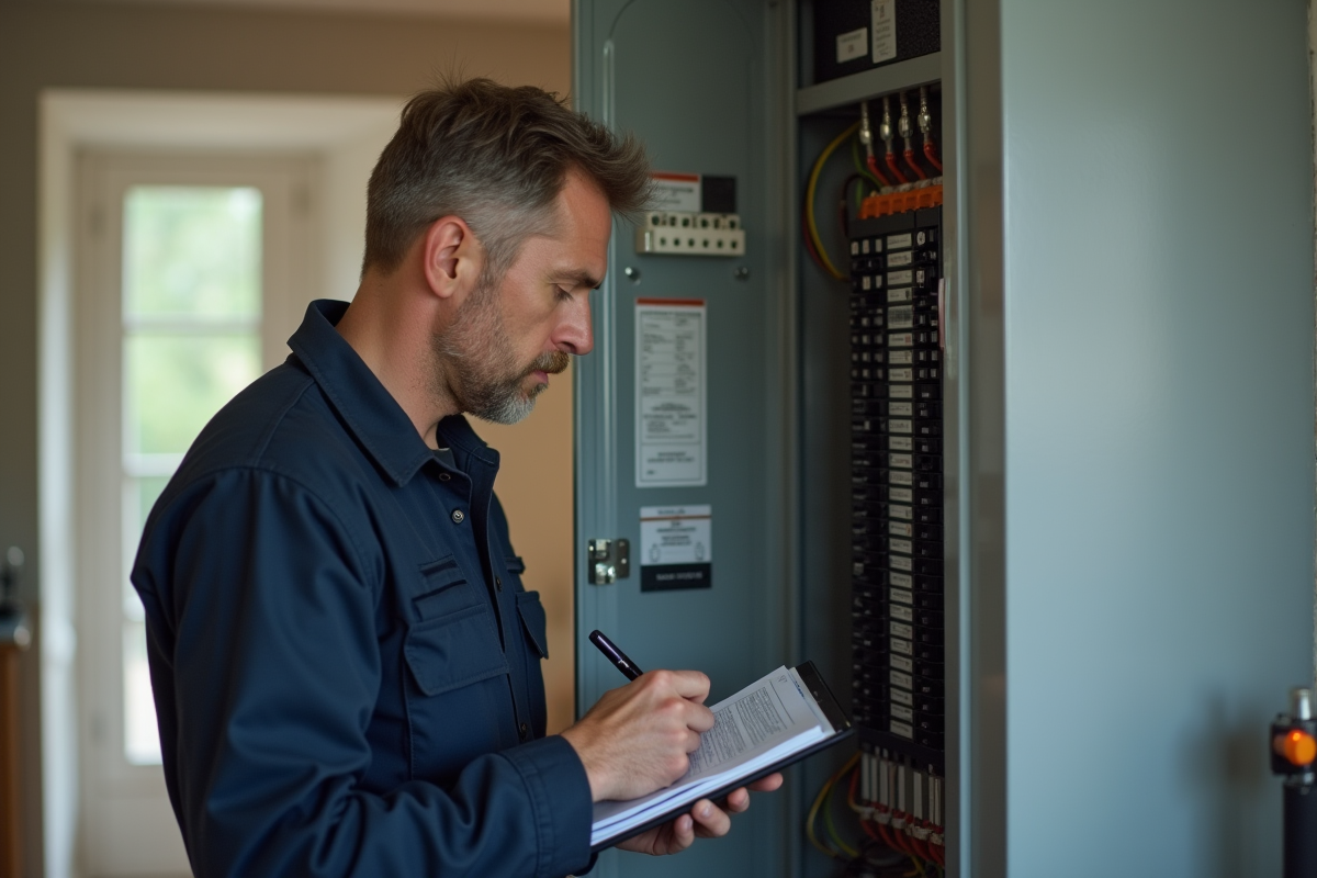 Électricien inspectant un tableau électrique dans une cuisine moderne