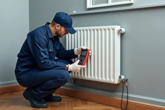 Électricien mesurant la section de câble d'un radiateur électrique avec un multimètre numérique