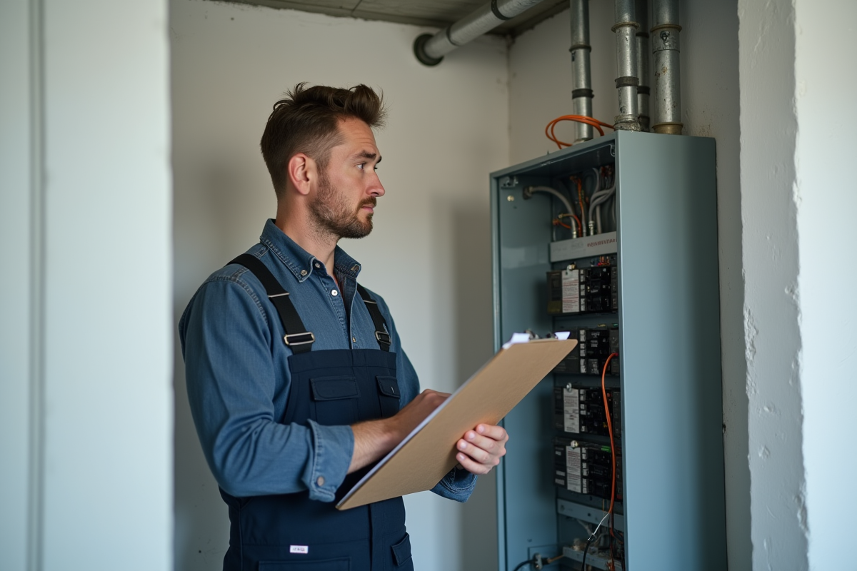 Électricien homme en overalls examine un panneau électrique moderne