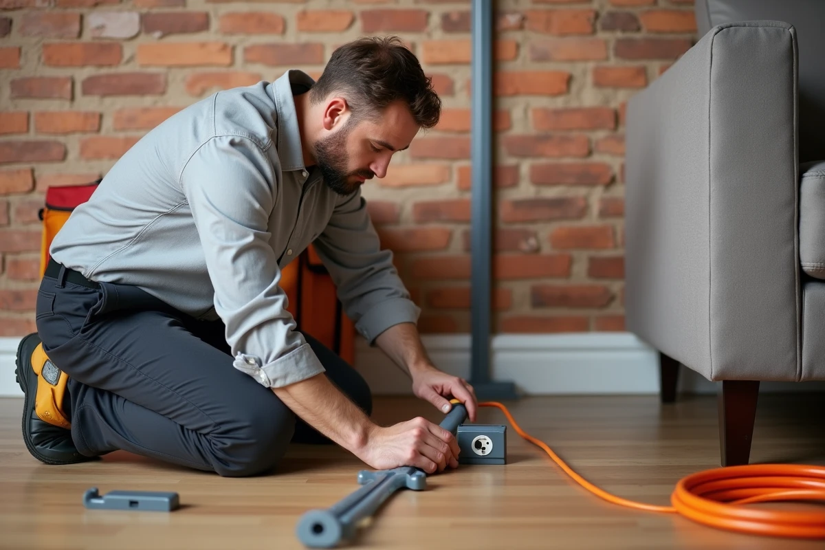 Électricien installant une prise sur une goulotte PVC grise le long d'un mur en brique dans un salon rénové
