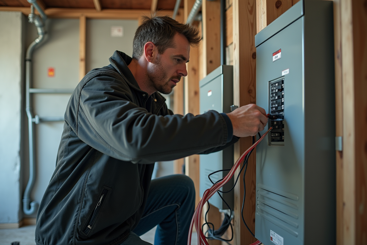 Électricien vérifiant la connexion à la terre dans un panneau électrique