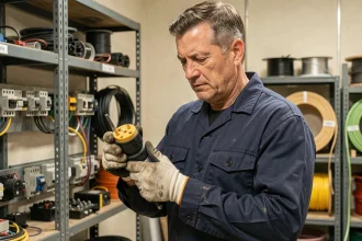 Électricien professionnel examinant une prise triphasée 4 fils industrielle dans un atelier d'électricité