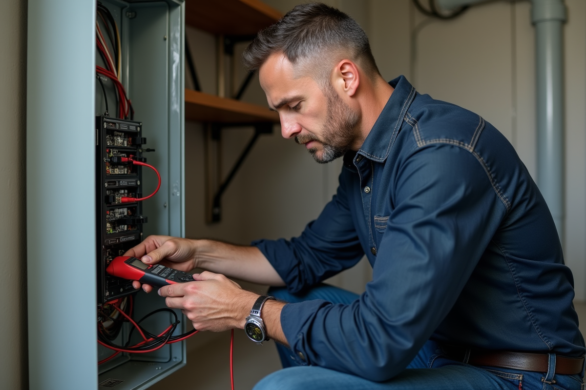 Électricien homme testant un fil de terre dans un panneau électrique