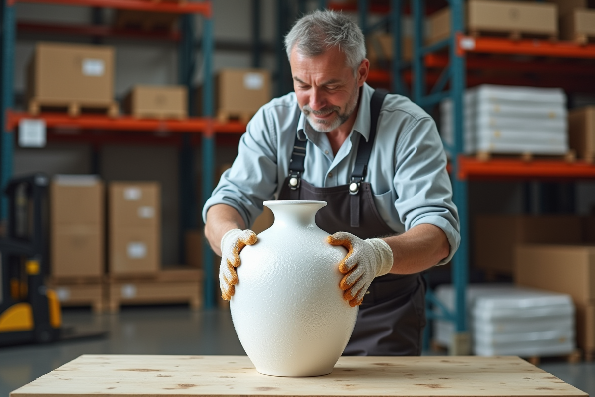 Homme emballant un vase en céramique dans un entrepôt