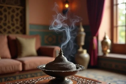 Encensoir arabe en laiton gravé avec fumée d'encens dans un salon marocain décoré