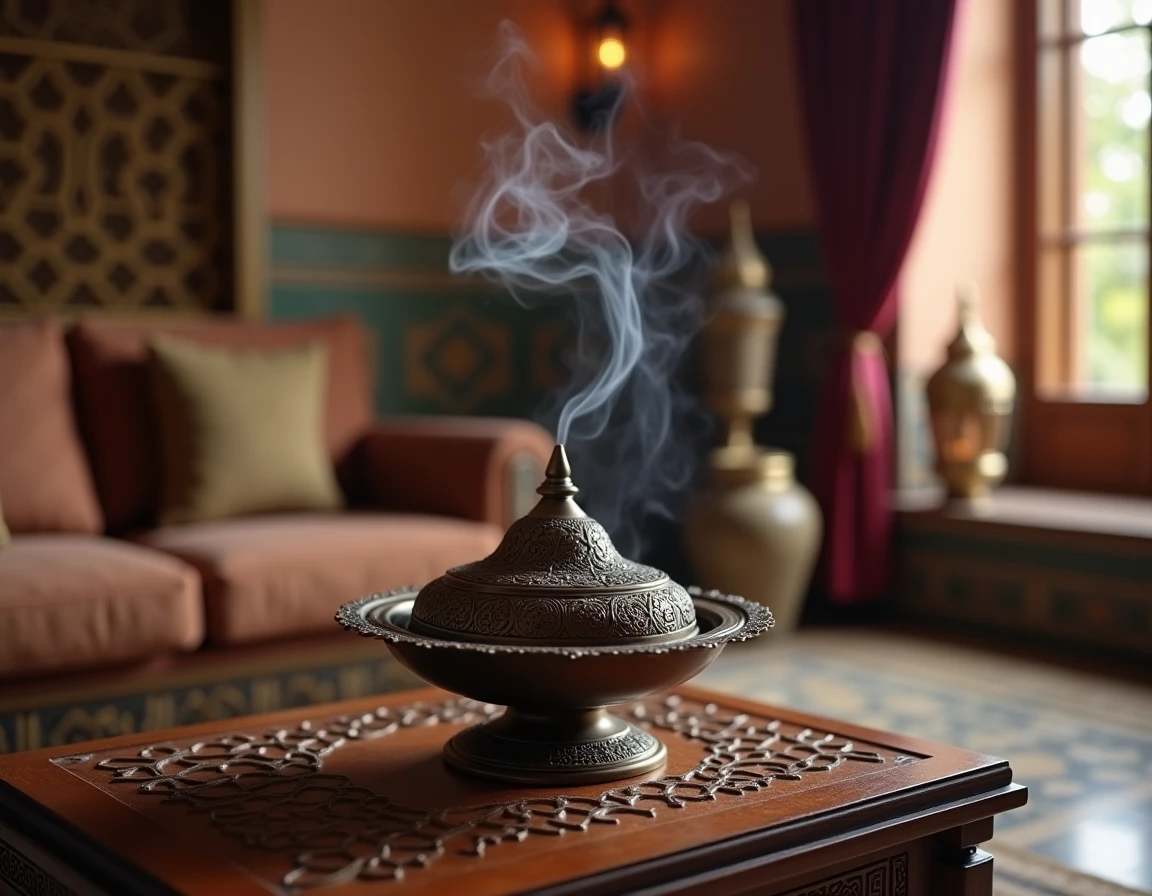 Encensoir arabe en laiton gravé avec fumée d'encens dans un salon marocain décoré