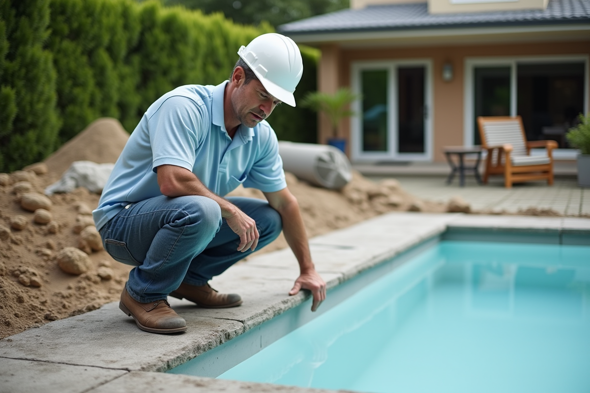 Ingénieur en jeans près d'une piscine en construction