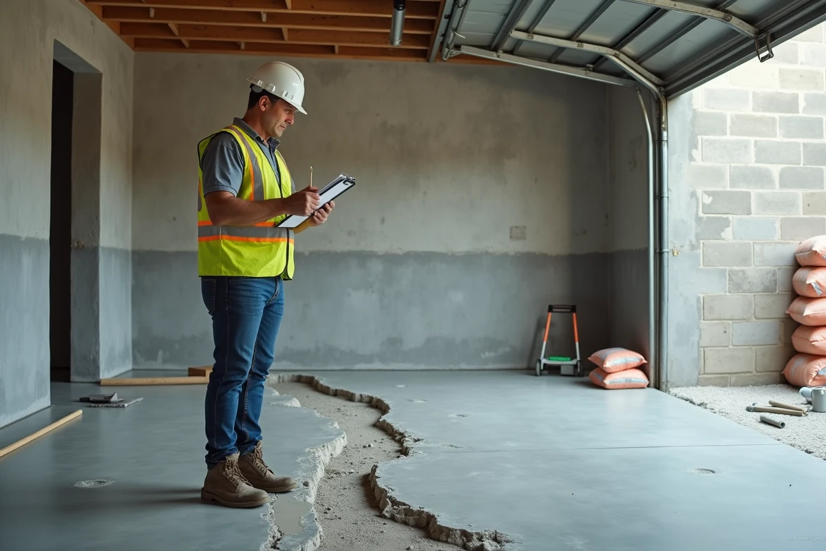 Entrepreneur en construction constatant des fissures sur une dalle béton mal coulée dans un garage en construction